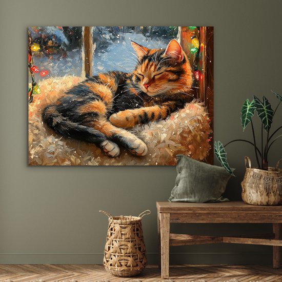 Tableau aluminium 120x90 cm - Décoration murale métal - Chat - Noël - Hiver - Animal - Décoration murale métallique salon - Décoration industrielle - Photo sur dibond - Accessoires industriels chambre à coucher