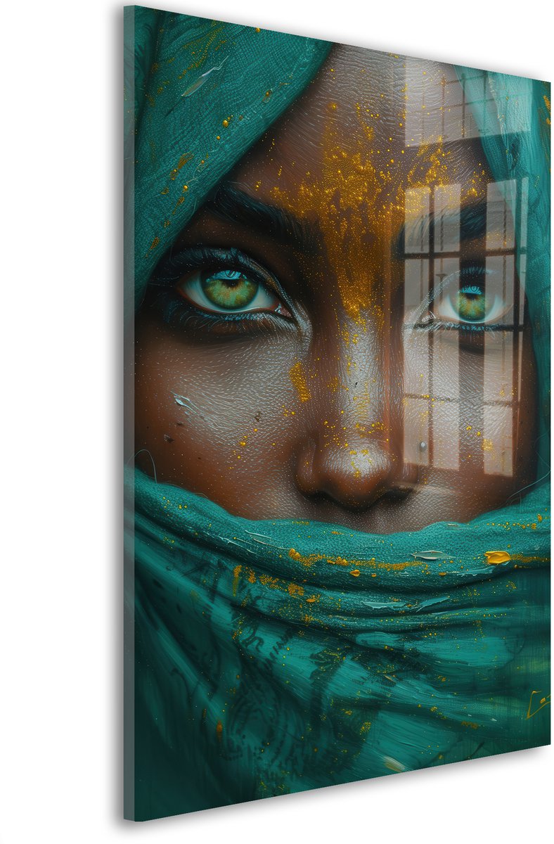 Glasschilderij Sluier van mysterie - 120 x 80 cm - Vrouw - Gezicht - Portretten - Acrylaat - Inclusief wandbevestiging - Foto op plexiglas - Wanddecoratie woonkamer – Modern – Modern
