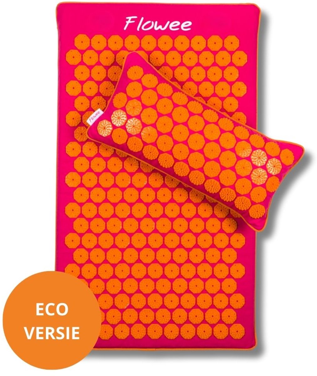 Goedkoopste Flowee Spijkermat ECO & spijkerkussen SET - Fuchsia met oranje - Vulling Kokosvezels & Boekweitkaf (77x45 22x44cm) - Acupressuur Mat - Spijkerbed - Acupunctuur - Shakti Massage