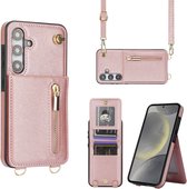 Geschikt voor Samsung Galaxy S24 FE Hoesje Met Koord - Solidenz S24 FE Wallet Case Cover - Telefoonhoes - Backcover Met Koordje - Cord Case - Lanyard - Hoesje S24 FE - Roségoud
