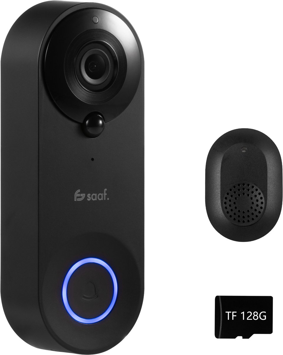 Video Deurbel met Camera - Inc. Gong & 128GB SD - Draadloos - Slimme Deurbel - Gratis App - Zwart - van Saaf