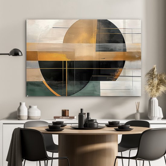 MuchoWow® Glasschilderij 120x80 cm - Schilderij acrylglas - Abstract - Goud - Brons - Groen - Vormen - Modern - Foto op glas - Muurdecoratie woonkamer - Wanddecoratie slaapkamer - Schilderijen