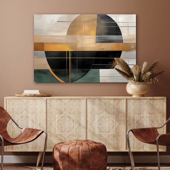 MuchoWow® Glasschilderij 120x80 cm - Schilderij acrylglas - Abstract - Goud - Brons - Groen - Vormen - Modern - Foto op glas - Muurdecoratie woonkamer - Wanddecoratie slaapkamer - Schilderijen