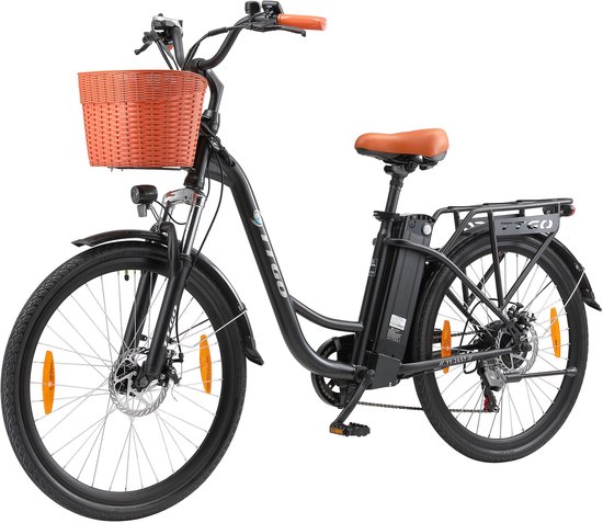 Elektrische Fiets TTGO YY-26ST Zwart- 522Wh/15Ah Accu - 75 km Bereik - 250W Motor - Instap Frame - 26 Inch Wielen -Verende voorvork- Shimano 6 Versnellingen - LCD Display - Stadsfiets voor Dames en Heren