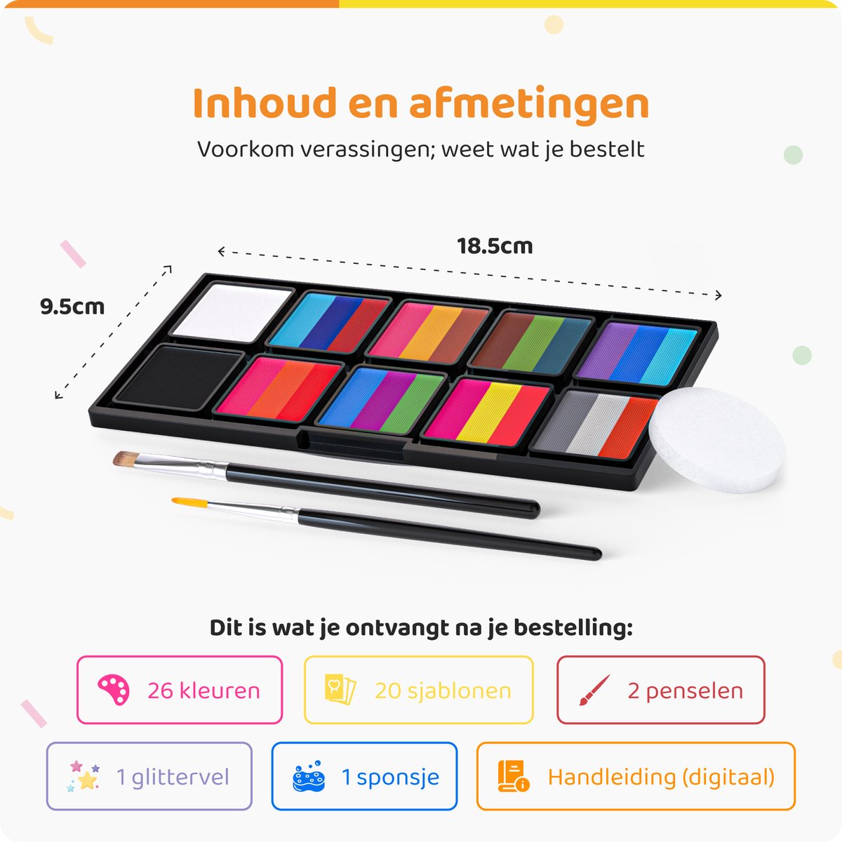 Paint-A-Boo Splitcake Schminkset Kinderen - Waterbasis - 26 kleuren - Voor 30 gezichten – Met 30 Voorbeelden — afbeelding 2