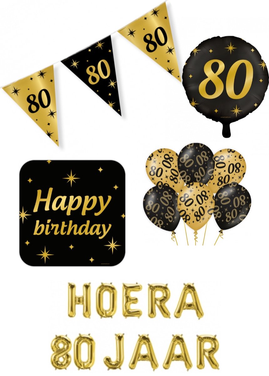 80 jaar Classy Party decoration pakket – luxe glamour goud zwart ballonnen – folieballonnen – vlaggenlijn