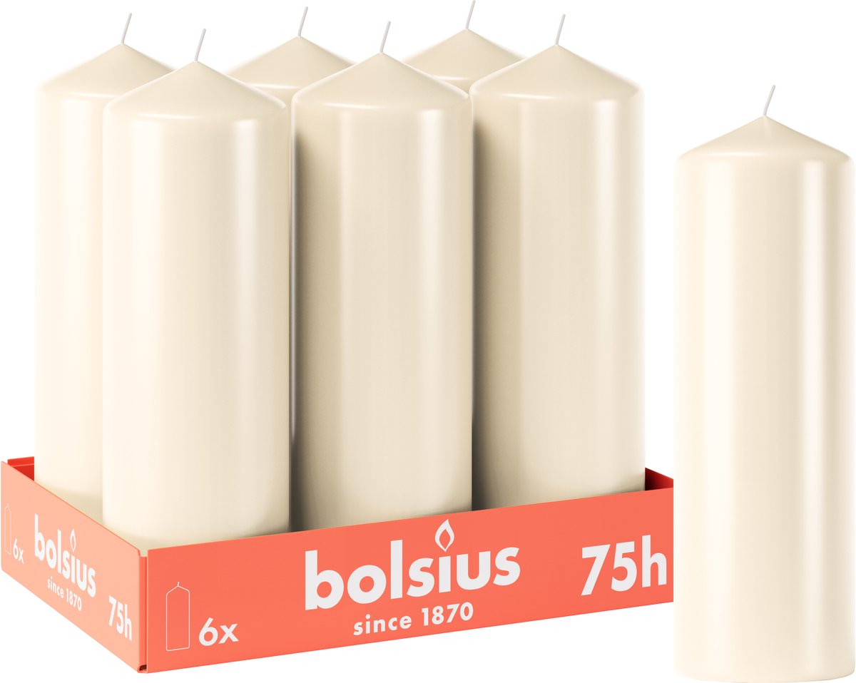 Bolsius Gladde Stompkaarsen - 6 stuks - Ivoor - 20cm - 75 branduren