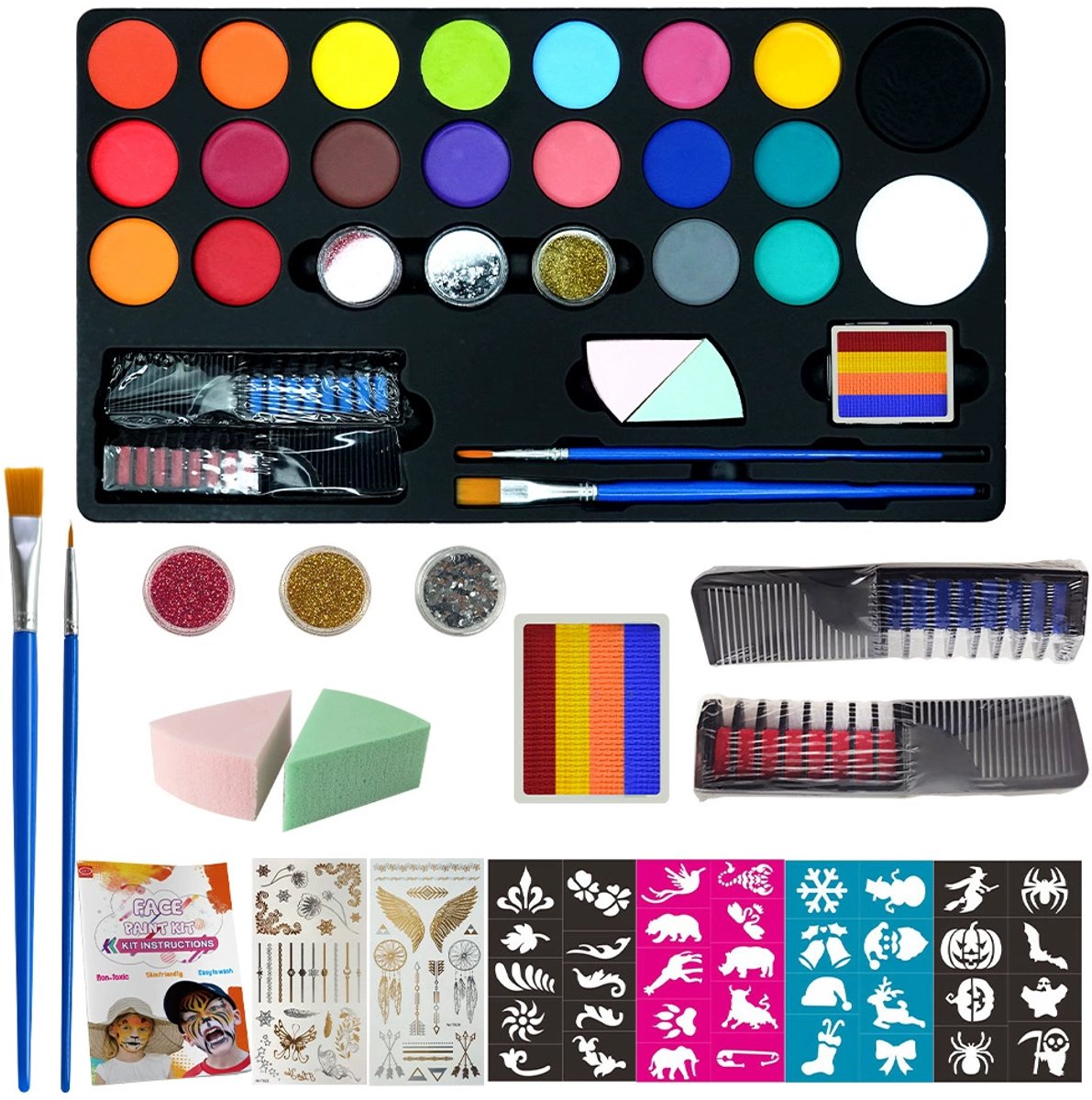 Meedeer Schminkset Kinderen-Schminkset-Make up Kinderen-20 kleuren & 3 penselen - Grime schmink op waterbasis — afbeelding 4