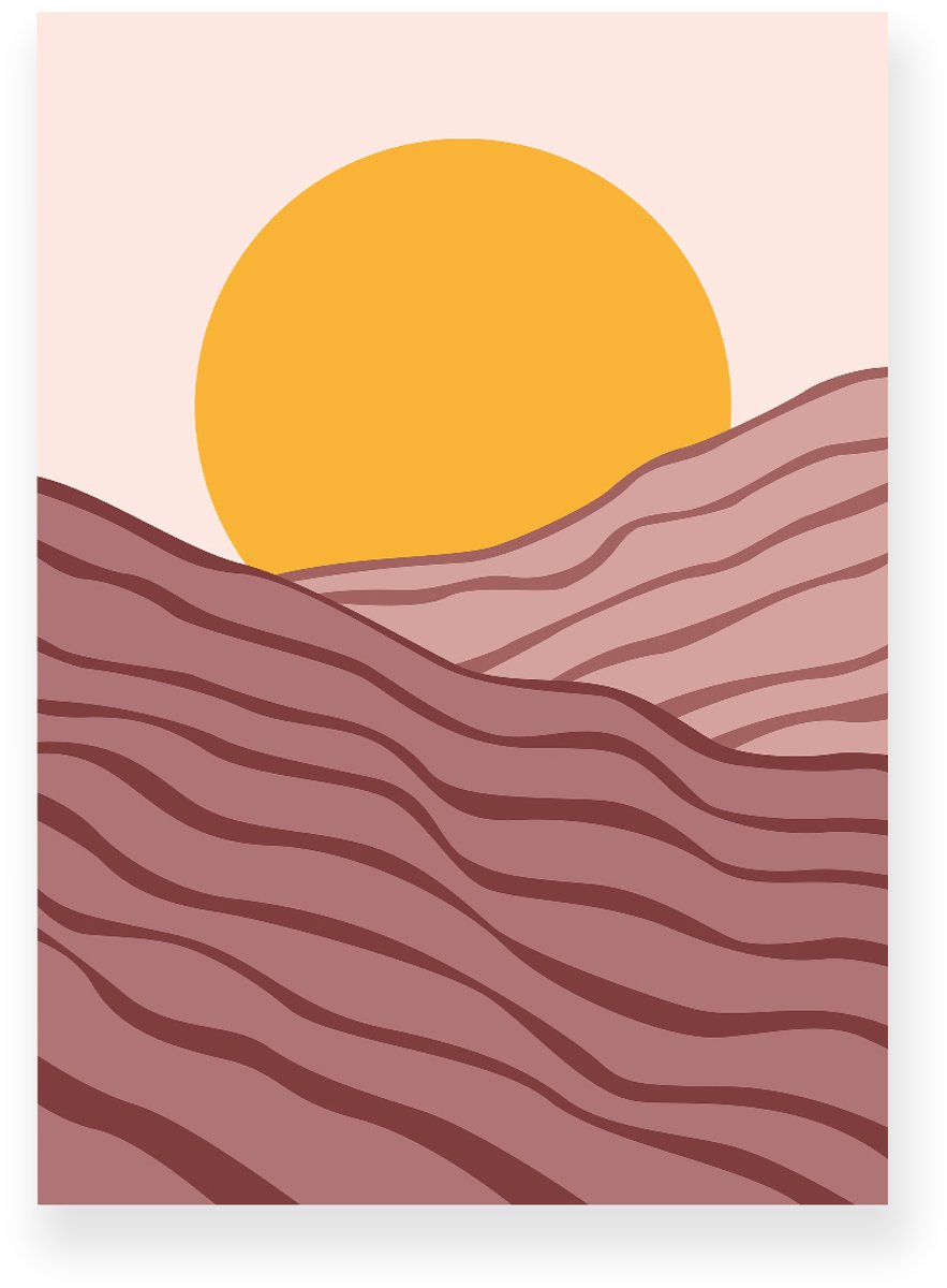 Yisual Poster 20x30 cm - Zonsondergang - Gelaagde Heuvels - Geel - Roze - Minimalistisch - Landschap - Muurdecoratie - Wanddecoratie