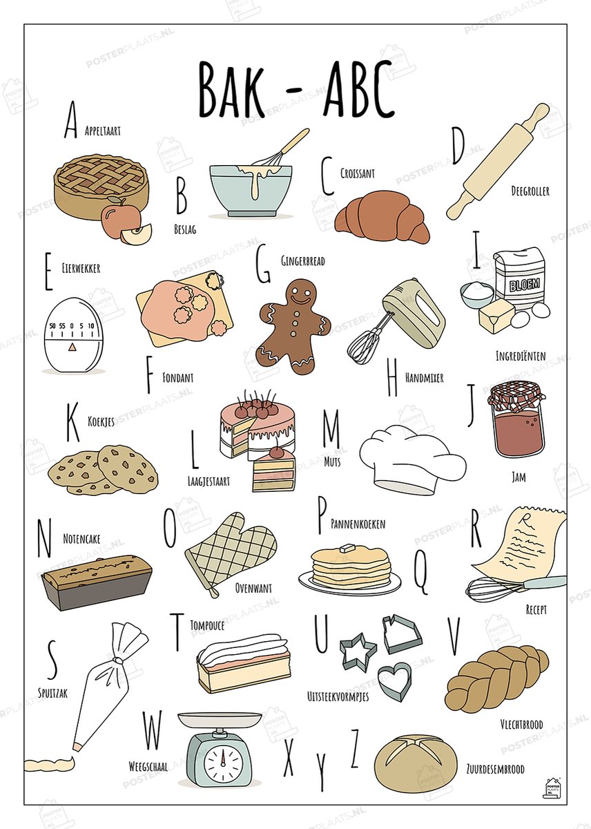 ABC Poster Bakken - 50 x 70 cm - Educatieve Letterposter met Handgetekende Illustraties - Kinderkamer & Wanddecoratie - Woondecoratie - Relatiegeschenk