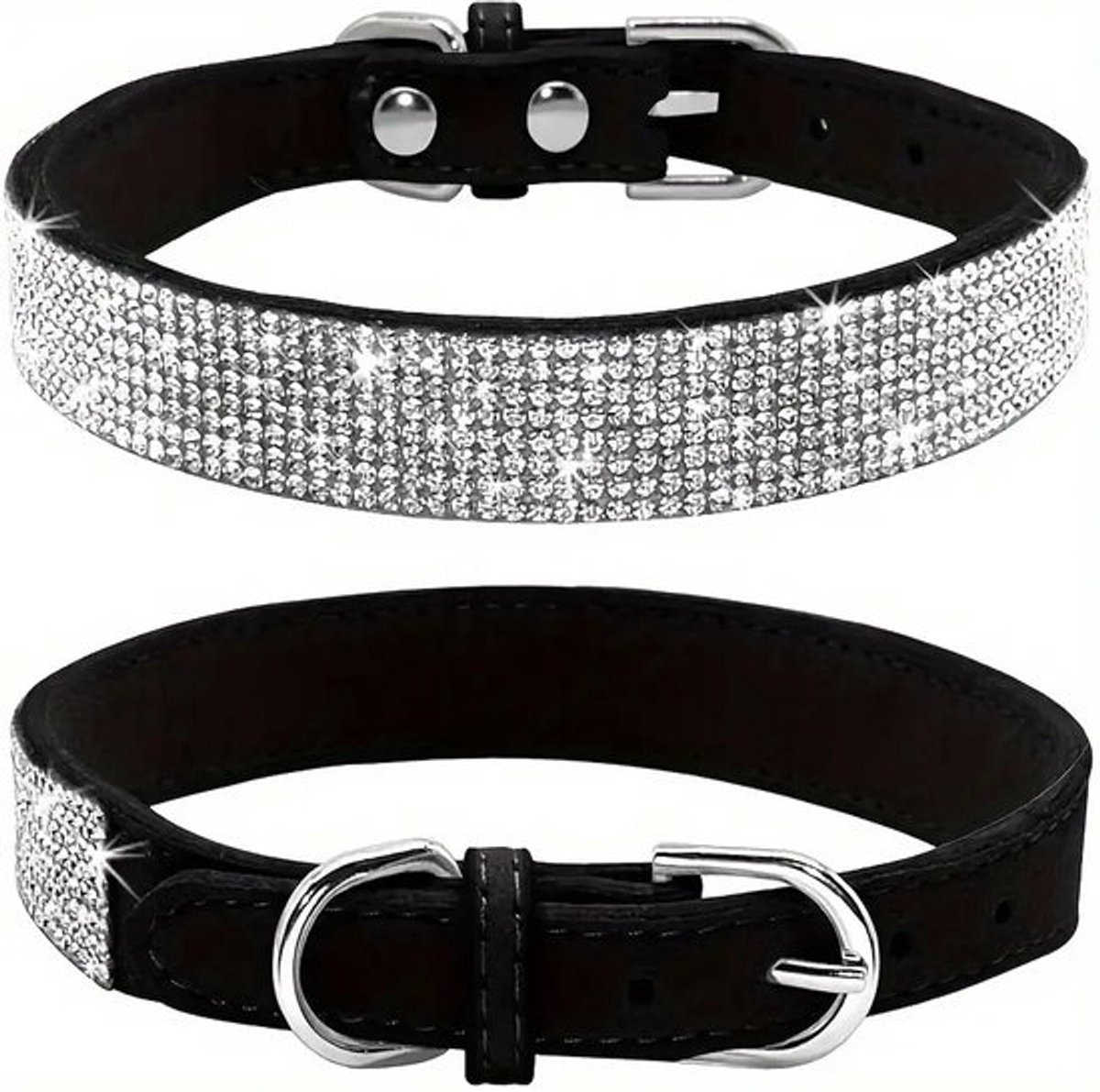Honden halsband Zwart- Halsband Honden met Glitter en Strass - Zwart maat L - Luxe Honden Halsband - Petshop Seven®