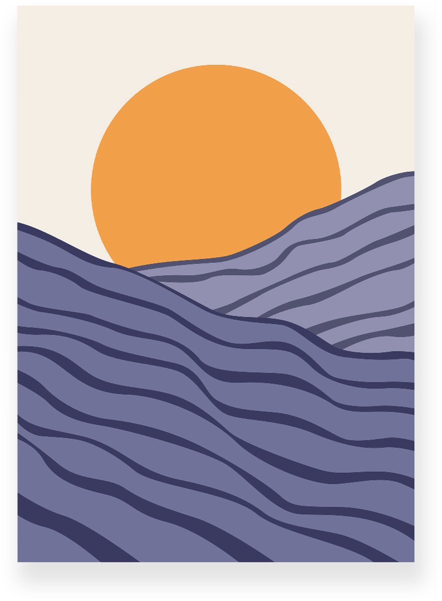 Yisual Poster 30x40 cm - Zonsondergang - Gelaagde Heuvels - Oranje - Blauw - Minimalistisch - Landschap - Muurdecoratie - Wanddecoratie