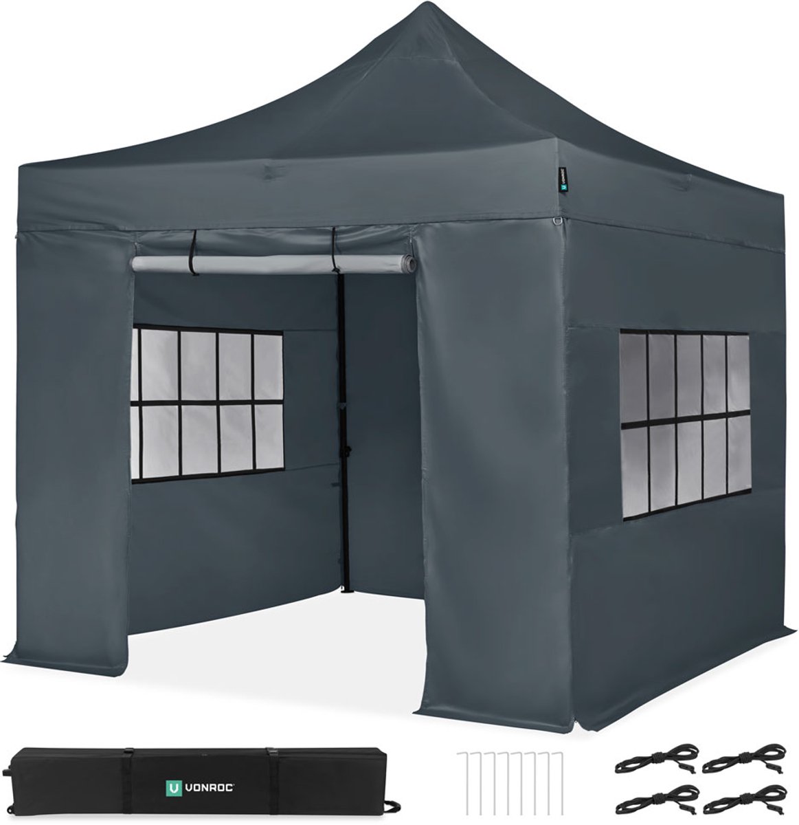 VONROC Easy-Up Partytent – 3x3 m - Premium easy-up Partytent - Set incl. Zijwanden - Modulair Ontwerp – Opvouwbaar – Waterdicht – Stalen Frame - 50+ UV Bescherming - Incl. Opbergtas - Grijs