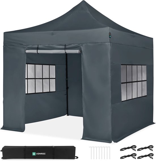 Tente de réception VONROC Easy-Up – 3x3 m - Set avec parois latérales - Conception modulaire - Pliable - Étanche - Structure en acier - Protection UV 50+ - Incl. Sac de rangement - Grijs