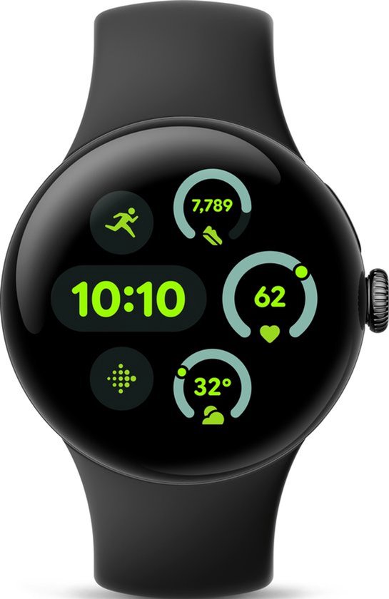 Zwarte Google Pixel Watch met sportieve wijzerplaat: 10:10, 7.789 stappen, 62 slagen, 32 graden.