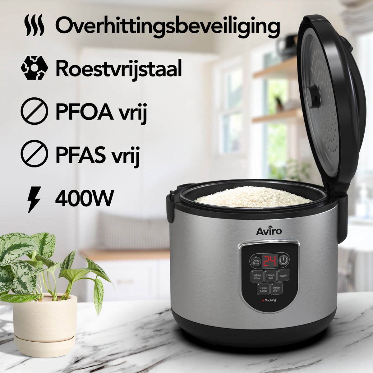 Aviro Rijstkoker - Slowcooker - 1,2L - 7 Functies - Warmhoudfunctie - Rice Cooker - Anti Aanbaklaag - Multicooker - 2-6 Personen - RVS – foto 2