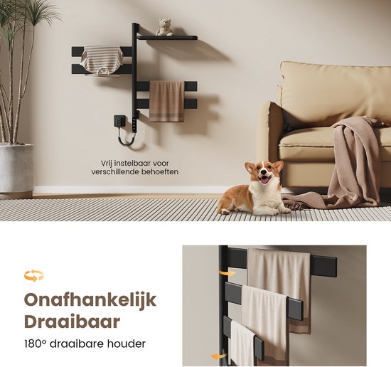 Zwarte handdoekradiator met twee handdoeken en babykleertjes in een woonkamer. Verstelbaar.