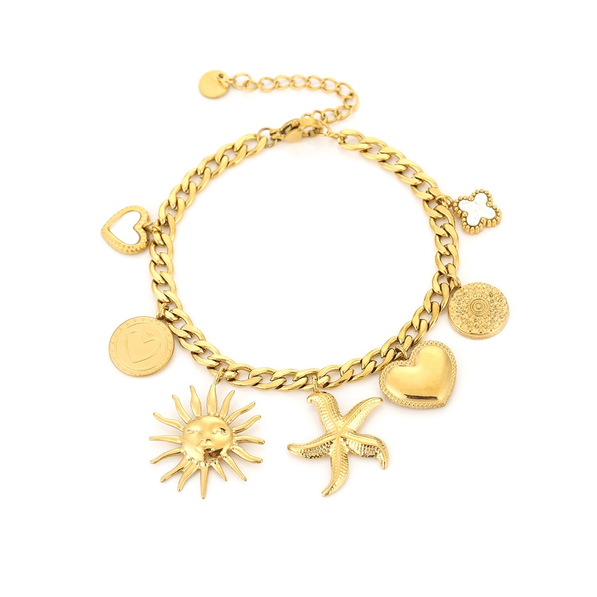 Bedelarmband met bedels - Michelle Bijoux - 16 + 3 cm - Gouden armband - Dames armband - Armband met bedels - Stainless Steel - Waterproof bracelet - Moederdag - Valentijn - Kerst cadeau - Sinterklaas - Cadeau voor dames