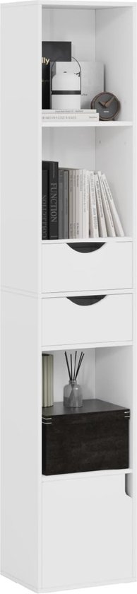 Homcom Boekenkast met meerdere vakken, 3 planken, 2 nissen, grote lade, hout, grijs Homcom Boekenkast met meerdere vakken, 3 planken, 2 nissen, grote lade, hout, grijs