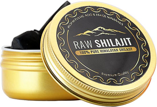 Gouden blik met Raw Shilajit, 100% puur Himalayisch shilajit, rijk aan fulvinezuur en sporenelementen.