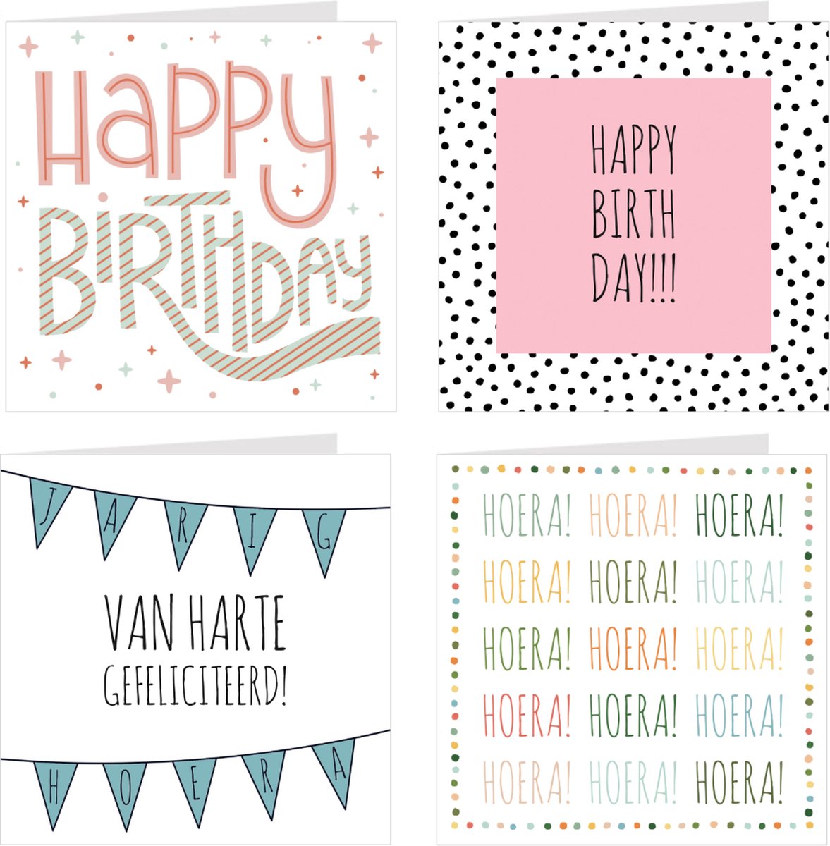 4x verjaardagskaarten | HAPPY BIRTHDAY | wenskaarten / set kaarten met enveloppen | jarig / verjaardag