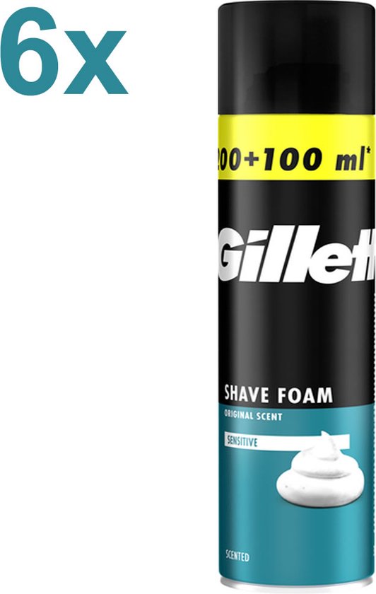 Gillette - Parfum Original - Sensible - Crème à raser - 6x 300 ml - Pack économique