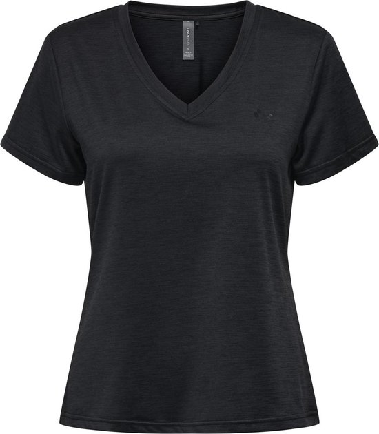 Zwart, kort-mouwig sportshirt met V-hals en subtiele textuur.