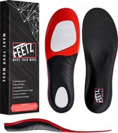 Doos met Feetz 'Red One' inlegzolen. Toont de rode en zwarte inlegzolen van boven en zijkant.