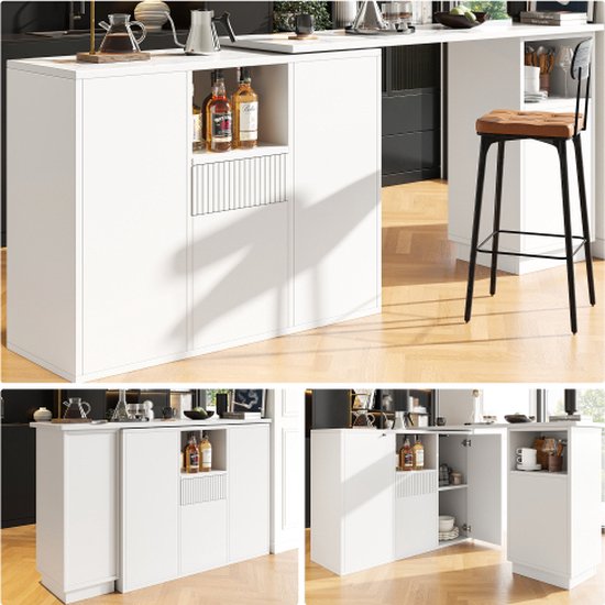 Uitschuifbare Bartafel Met Opbergruimte, 360° Draaibaar, MDF, Wit  138 204x39x104 Cm