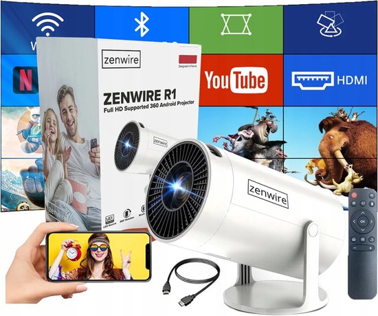 Zenwire R1 Mini Beamer 360 - Beamer - Mini Projector 360 - ANDROID 12 - WiFi 6 - Bluetooth 5.0 - 250 ANSI - HD 1280x720p ondersteunt FULL HD - Autokeystone 4D / Zoom - Home Cinema - Draagbaar - Voor IOS en Android - HDMI - USB - 36"-150" Scherm
