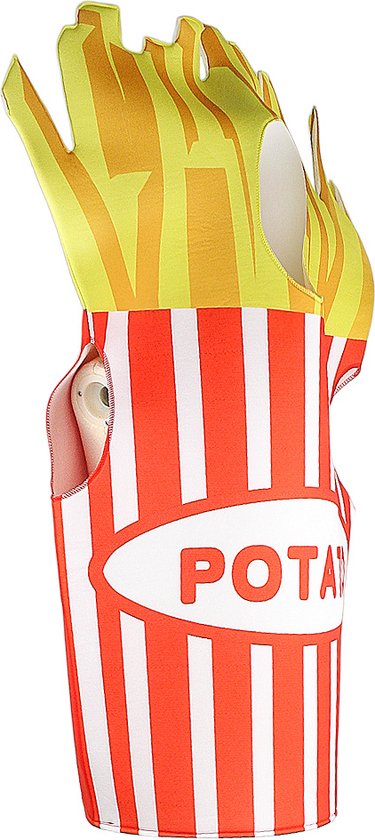 Een frietkostuum met rode en witte strepen, de tekst POTATO, gezien vanaf de zijkant.