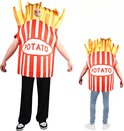 Twee personen in frietkostuum, één groot en één klein, met de tekst POTATO op de voorkant.