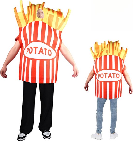 Twee personen in frietkostuum, één groot en één klein, met de tekst POTATO op de voorkant.
