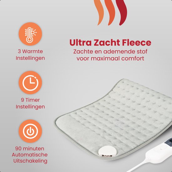 Seranova Elektrisch Warmtekussen voor Rug, Voeten, Nek, Schouders, Buik - Heating Pad - Verwarmingskussen - Wasbaar - 60x30cm - Grijs