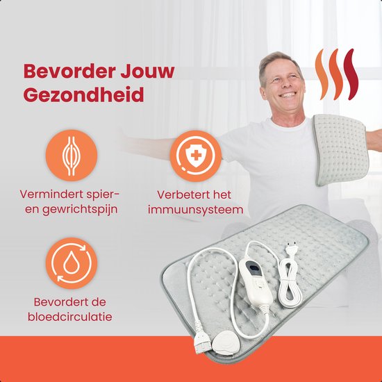 Man met warmtekussen op rug, met pictogrammen die spierpijn verminderen, immuunsysteem verbeteren en bloedcirculatie bevorderen.