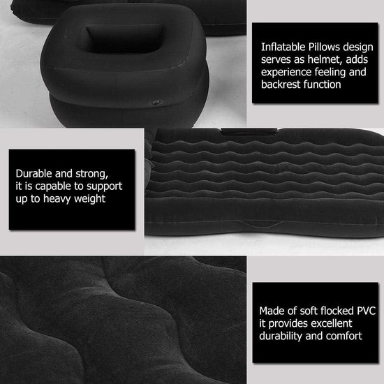 Luchtbed Autobed, ​​Auto Travel Opblaasbaar bed, met 2 opblaasbare kussens en 2 opblaasbare stoelen voor binnen Lange afstandsreizen Buitenactiviteiten Kamperen Water Drijvende boten(Noir