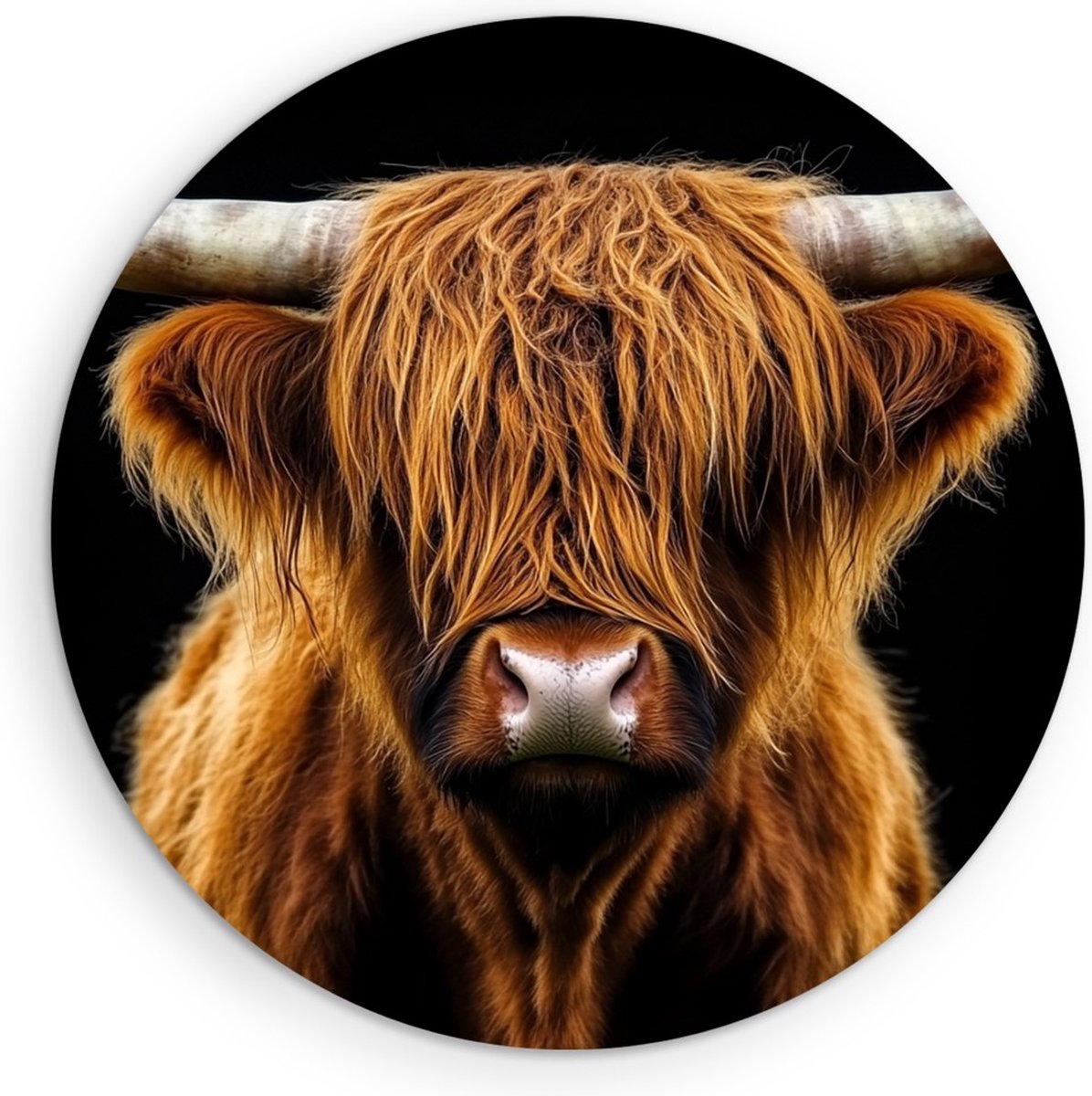 Saammp Muurcirkel Hout Schotse Hooglander Koe in het hoge gras - Dieren - Natuur - Ø 70 - Wandcirkel - Wanddecoratie Cirkel - muurdecoratie Woonkamer - Slaapkamer decoratie - Rond Schilderij