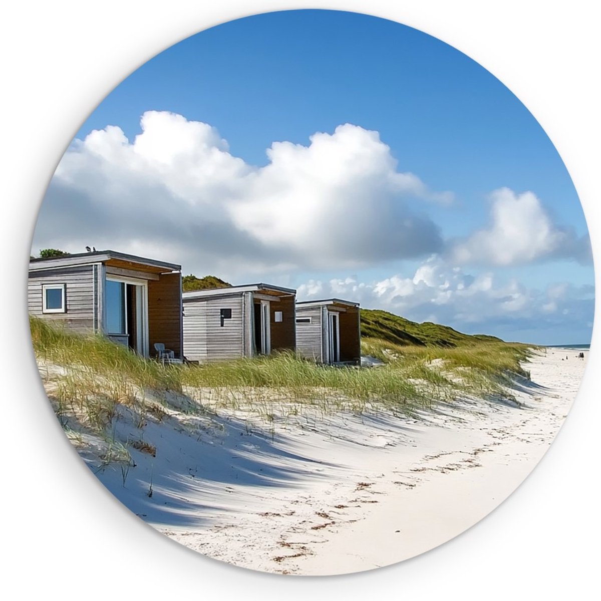 Saammp Forex Muurcirkel - Strand Huisjes - Zee - Duinen - Ø 30 - Wandcirkel - Wanddecoratie Cirkel - muurdecoratie Woonkamer - Slaapkamer decoratie - Rond Schilderij
