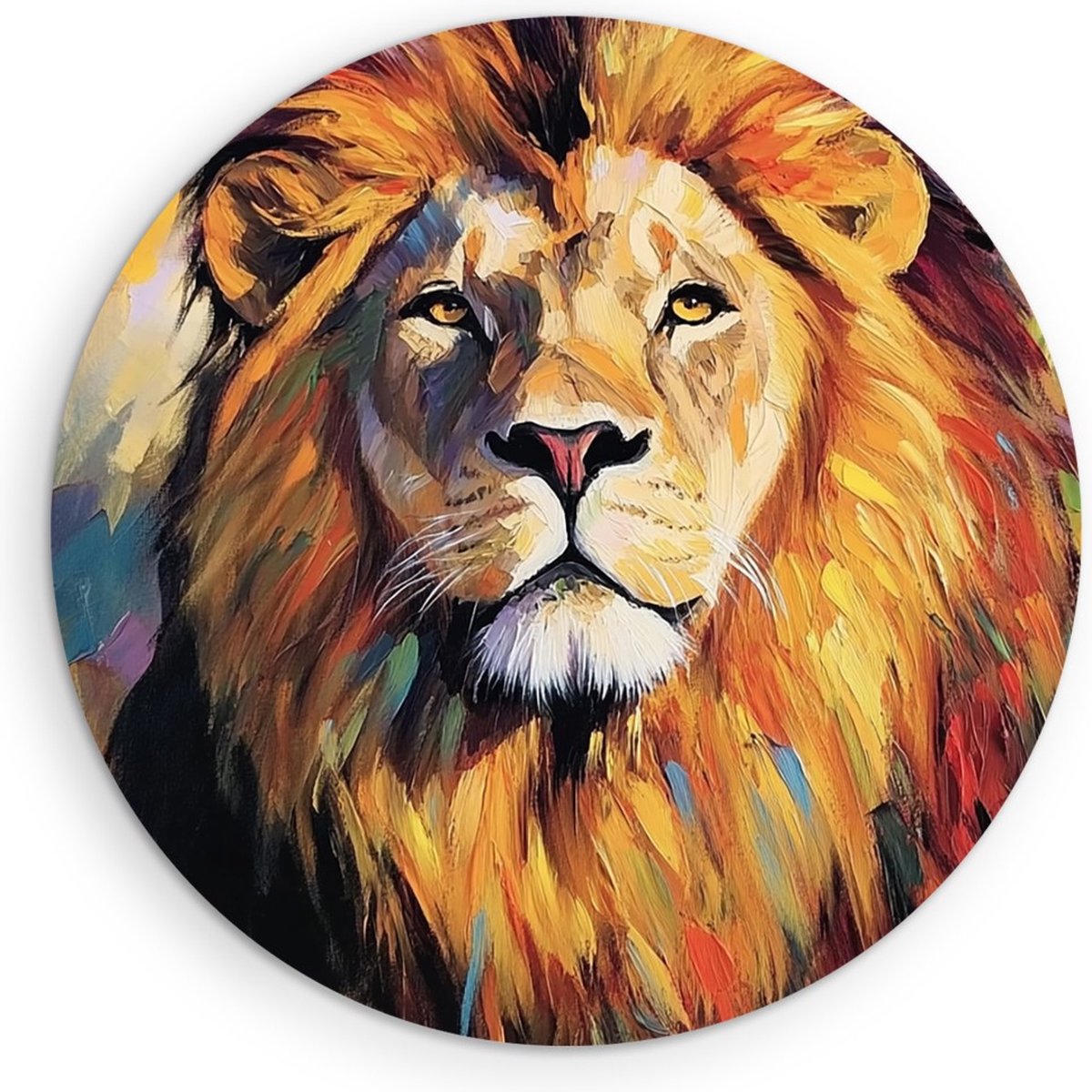 Saammp Forex Muurcirkel - Abstracte Leeuw - Kleurrijk - Penseelstreken - Dieren - Natuur - Ø 30 - Wandcirkel - Wanddecoratie Cirkel - Muurdecoratie Woonkamer - Slaapkamer decoratie - Rond Schilderij