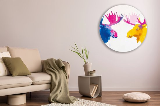 Saammp Muurcirkel Hout - 2 elanden- Natuur - Dieren - Ø 50 - Wandcirkel - Wanddecoratie Cirkel - Muurdecoratie Woonkamer - Slaapkamer decoratie - Rond Schilderij