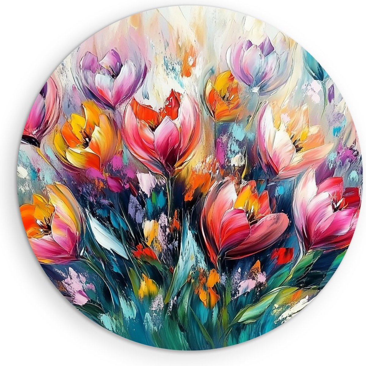 Saammp Muurcirkel Hout - Kleurrijk Gekleurde Bloemen Schilderij - Abstract - Ø 50 - Wandcirkel - Wanddecoratie Cirkel - Modern Interieur - Woonkamer Decoratie