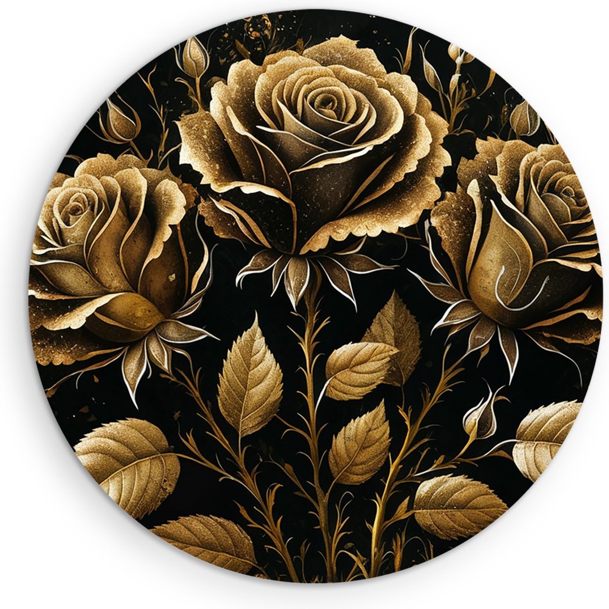Saammp Muurcirkel Hout - 3 Goude Bloemen - Abstract - Ø 40 - Wandcirkel - Wanddecoratie Cirkel - Muurdecoratie Woonkamer - Kantoor Decoratie