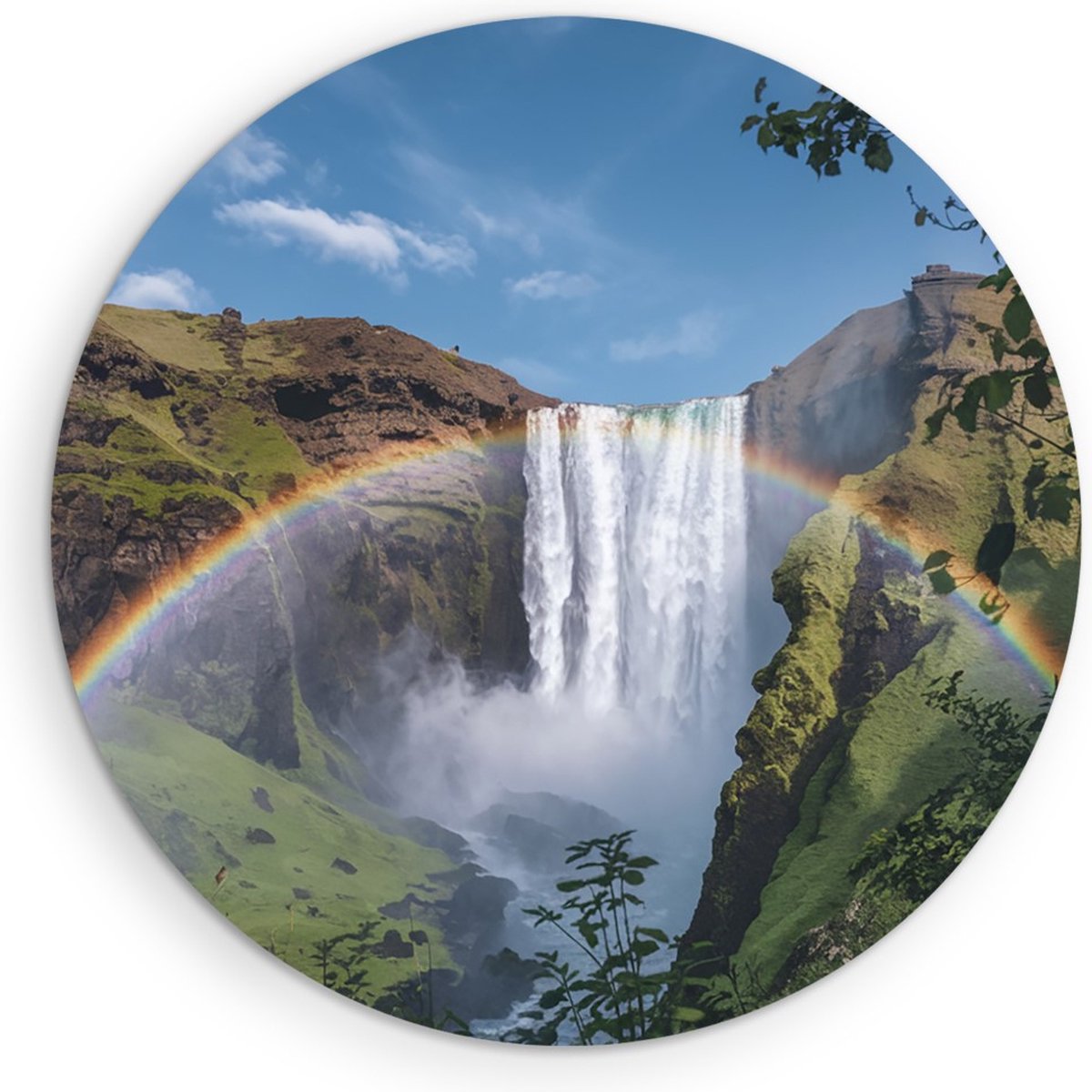 Saammp Muurcirkel Hout - Regenboog bij waterval - Landschap - Natuur - Ø 80 - Wandcirkel - Wanddecoratie Cirkel - Muurdecoratie Woonkamer - Slaapkamer decoratie - Rond Schilderij