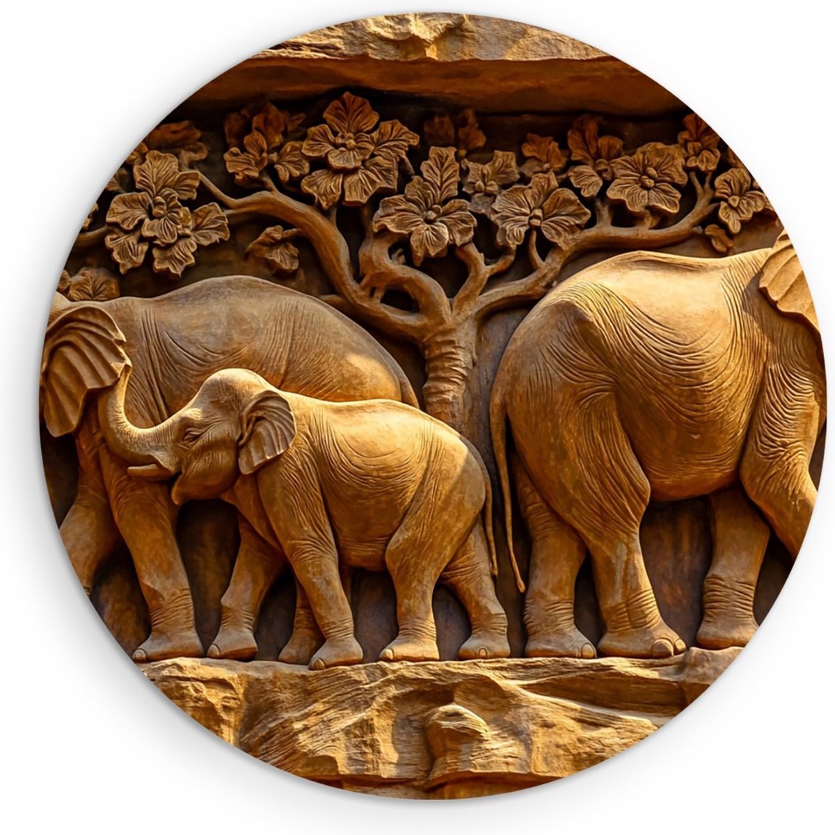 Saammp Muurcirkel Hout - Olifant - Kunst - Afrika - Dieren - Ø 90 - Wandcirkel - Wanddecoratie Cirkel - muurdecoratie Woonkamer - Slaapkamer decoratie - Rond Schilderij