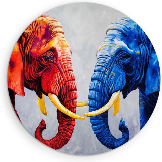 Saammp Muurcirkel Hout - Olifant - Rood - Blauw - Dieren - Ø 90 - Wandcirkel - Wanddecoratie Cirkel - Muurdecoratie Woonkamer - Slaapkamer decoratie - Rond Schilderij