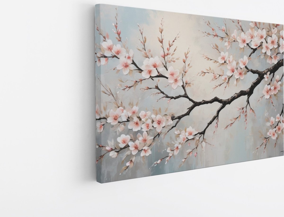 Saammp Canvas Schilderij - Roze Bloesem aan tak - Abstract - 120x80 - Foto op canvas - Wanddecoratie - Muurdecoratie Woonkamer - Kantoor Decoratie Multicolor