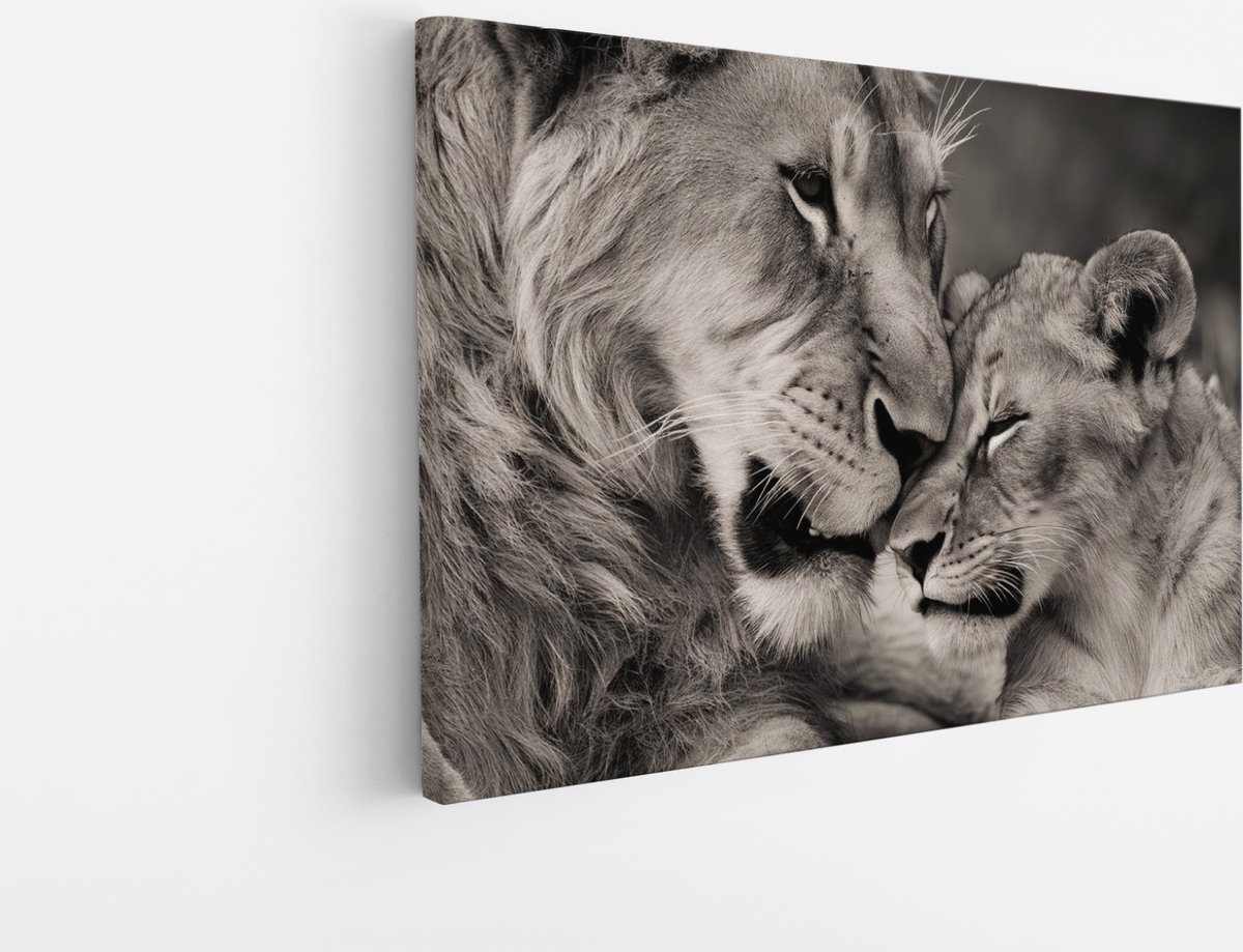 Saammp Canvas Schilderij - Leeuw met welp - Liefde - Landschap - Dieren - Natuur - 100x75 - Foto op canvas - Wanddecoratie - Muurdecoratie Woonkamer - Slaapkamer decoratie - Canvas Print Multicolor