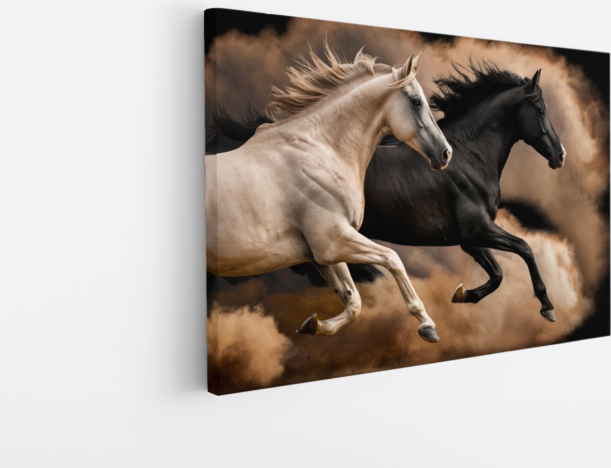 Saammp Canvas Schilderij - 2 Paarden tussen de stof wolken- Dieren - Natuur - 30x20 - Foto op canvas - Wanddecoratie - muurdecoratie Woonkamer - Slaapkamer decoratie - Canvas Print Multicolor
