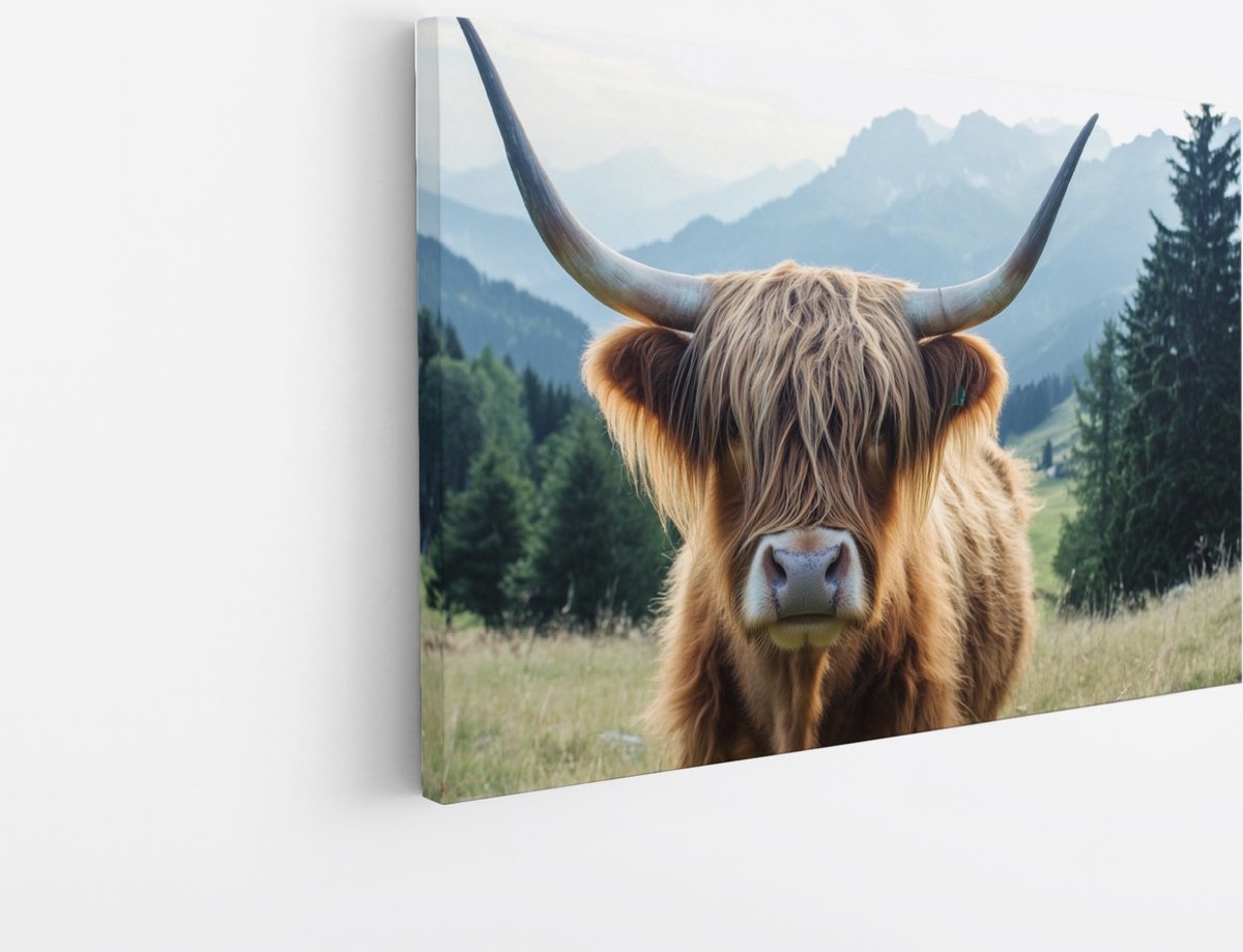 Saammp Canvas Schilderij Schotse Hooglander Koe jong - Dieren - Natuur - 45x30 - Foto op canvas - Wanddecoratie - muurdecoratie Woonkamer - Slaapkamer decoratie - Canvas Print Multicolor