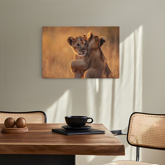 Saammp Canvas Schilderij - Leeuwenwelpen - Dieren - Natuur - 50x40 - Foto op canvas - Wanddecoratie - Muurdecoratie Woonkamer - Slaapkamer decoratie - Canvas Print